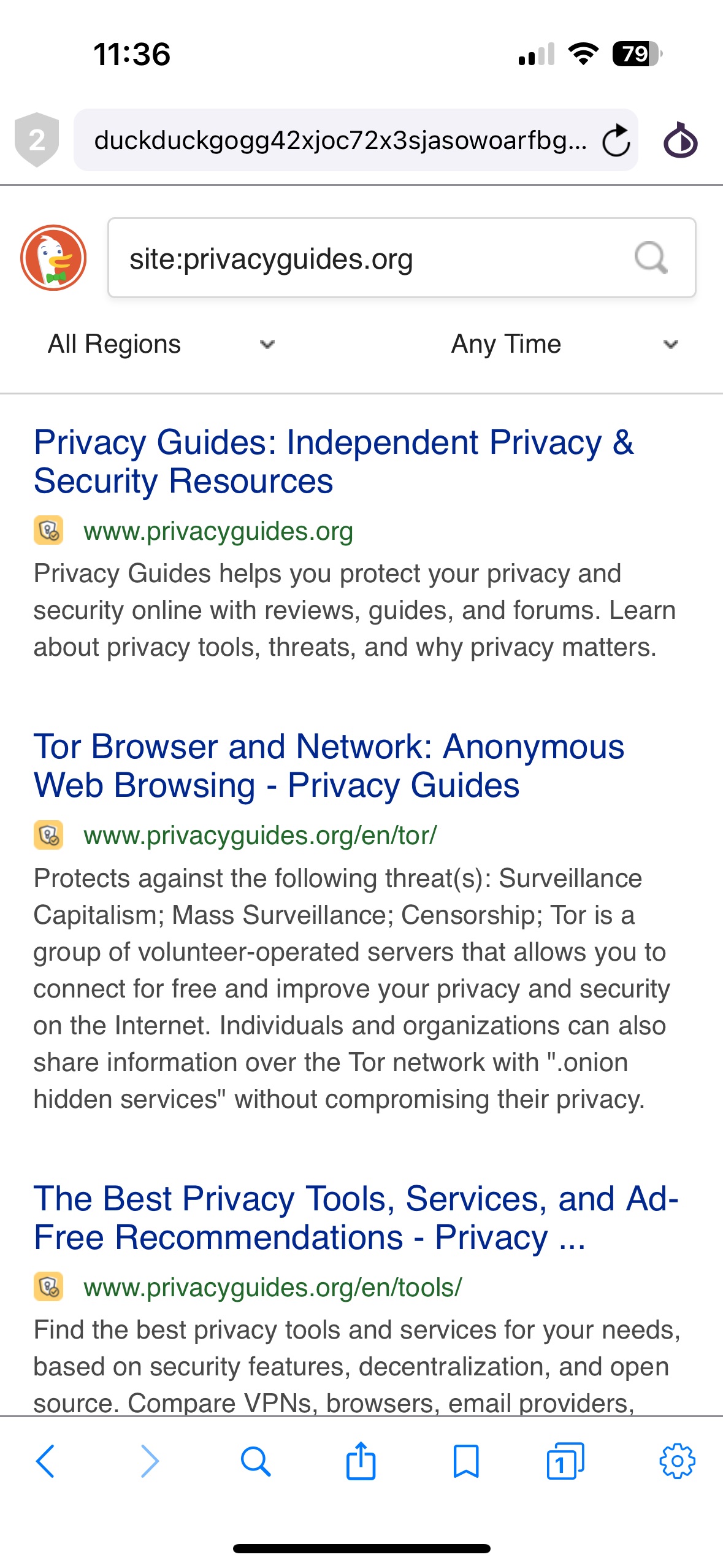 A screenshot of DuckDuckGo results loading normally when using the HTML version of the search engine